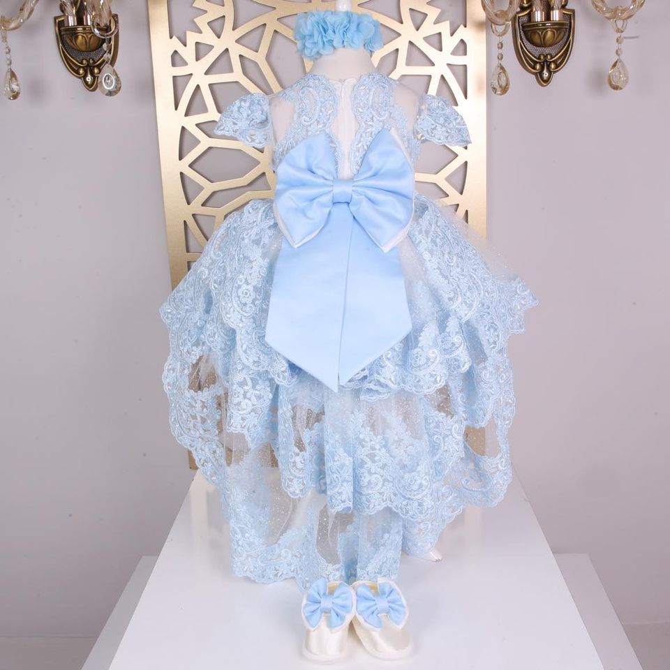 Luxurious high low white dress with headband and shoes ( Light Blue &amp; White)
