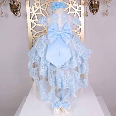 Luxurious high low white dress with headband and shoes ( Light Blue &amp; White)