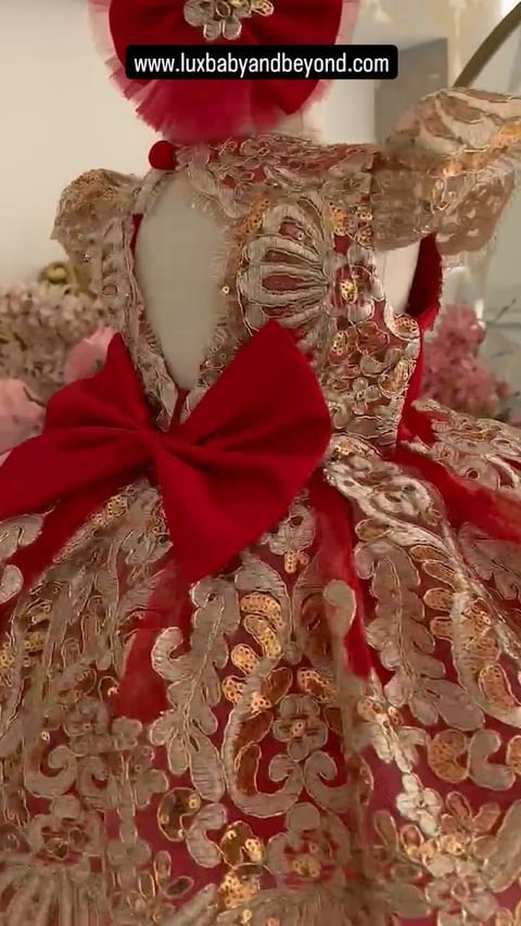 Luxurious Red and golden lace dress with headband