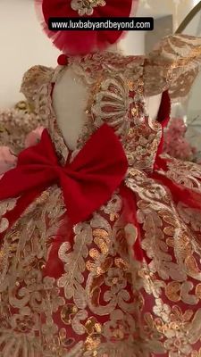Luxurious Red and golden lace dress with headband