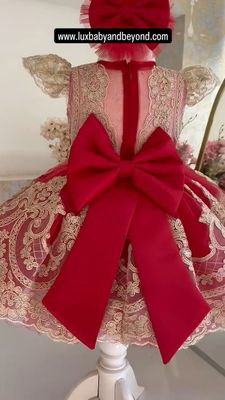 Luxurious Red and beige lace dress with headband