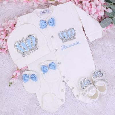 Newborn Home Welcoming Set ( Light Blue bow , Silver crown )