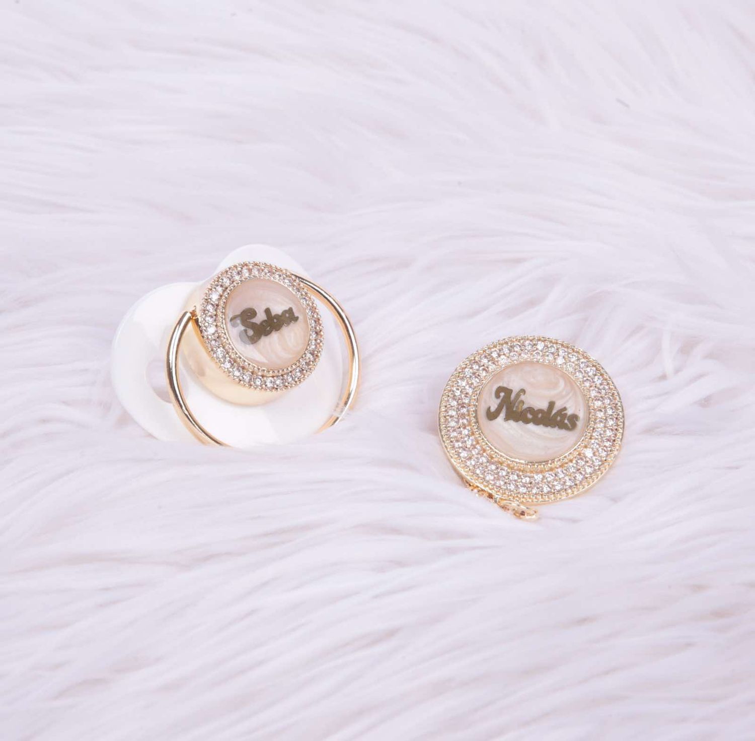 Handmade Personalised Rhinestone Baby Pacifier and clip (White)