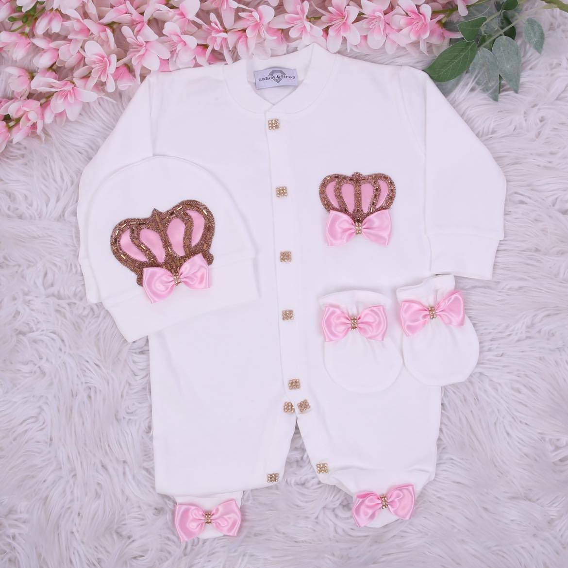Exclusive Royal 3Piece Baby Hospital Exit Bling Outfit  (Satin Pink bow /  golden crown)