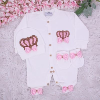 Exclusive Royal 3Piece Baby Hospital Exit Bling Outfit  (Satin Pink bow /  golden crown)