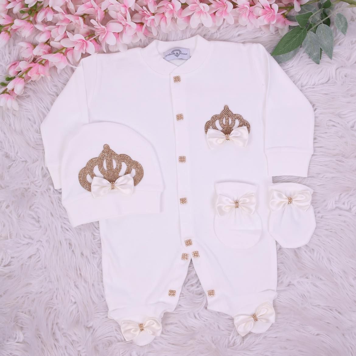 Exclusive Royal 3Piece Baby Hospital Exit Bling Outfit  (White bow   golden crown)