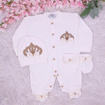 Exclusive Royal 3Piece Baby Hospital Exit Bling Outfit  (White bow   golden crown)