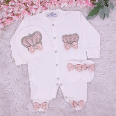 Exclusive Royal 3Piece Baby Hospital Exit Bling Outfit  (Blush bow   Silver crown)