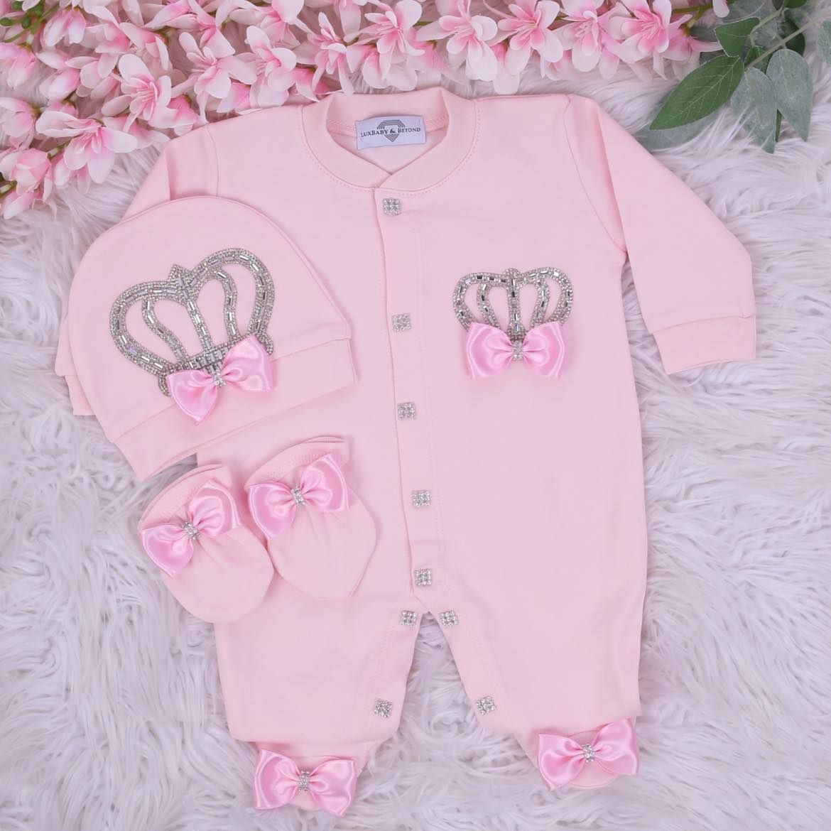 Exclusive Royal 3Piece Baby Hospital Exit Bling Outfit  (Pink bow with Silver crown)