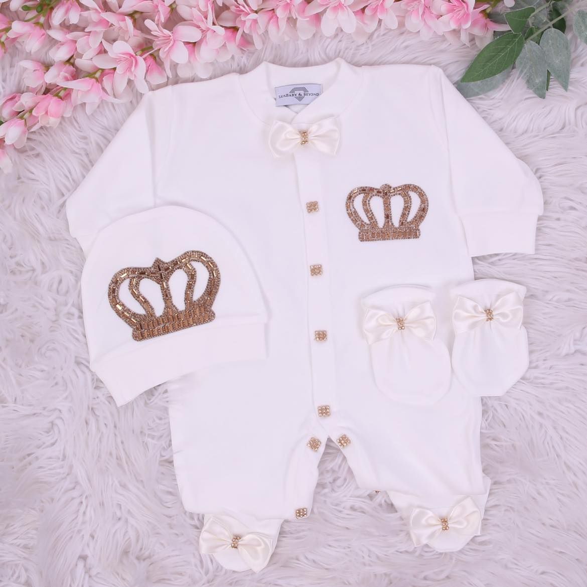 Exclusive Royal 3Piece Baby Hospital Exit Bling Outfit  (White bow with Golden crown)