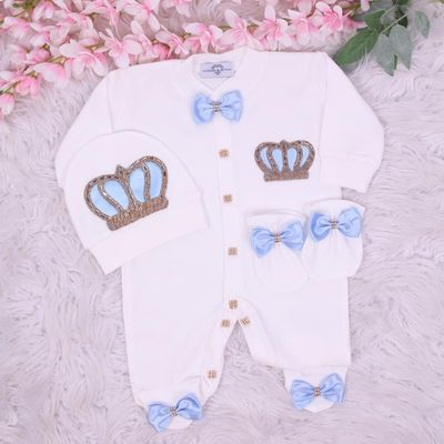 Exclusive Royal 3Piece Baby Hospital Exit Bling Outfit  (Blue bow   golden crown)