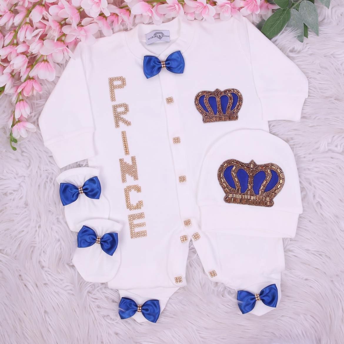 Exclusive Royal 3Piece Baby Hospital Exit Bling Outfit  (Royal Blue bow,   golden crown)- PRINCE