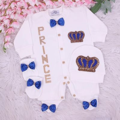 Exclusive Royal 3Piece Baby Hospital Exit Bling Outfit  (Royal Blue bow,   golden crown)- PRINCE