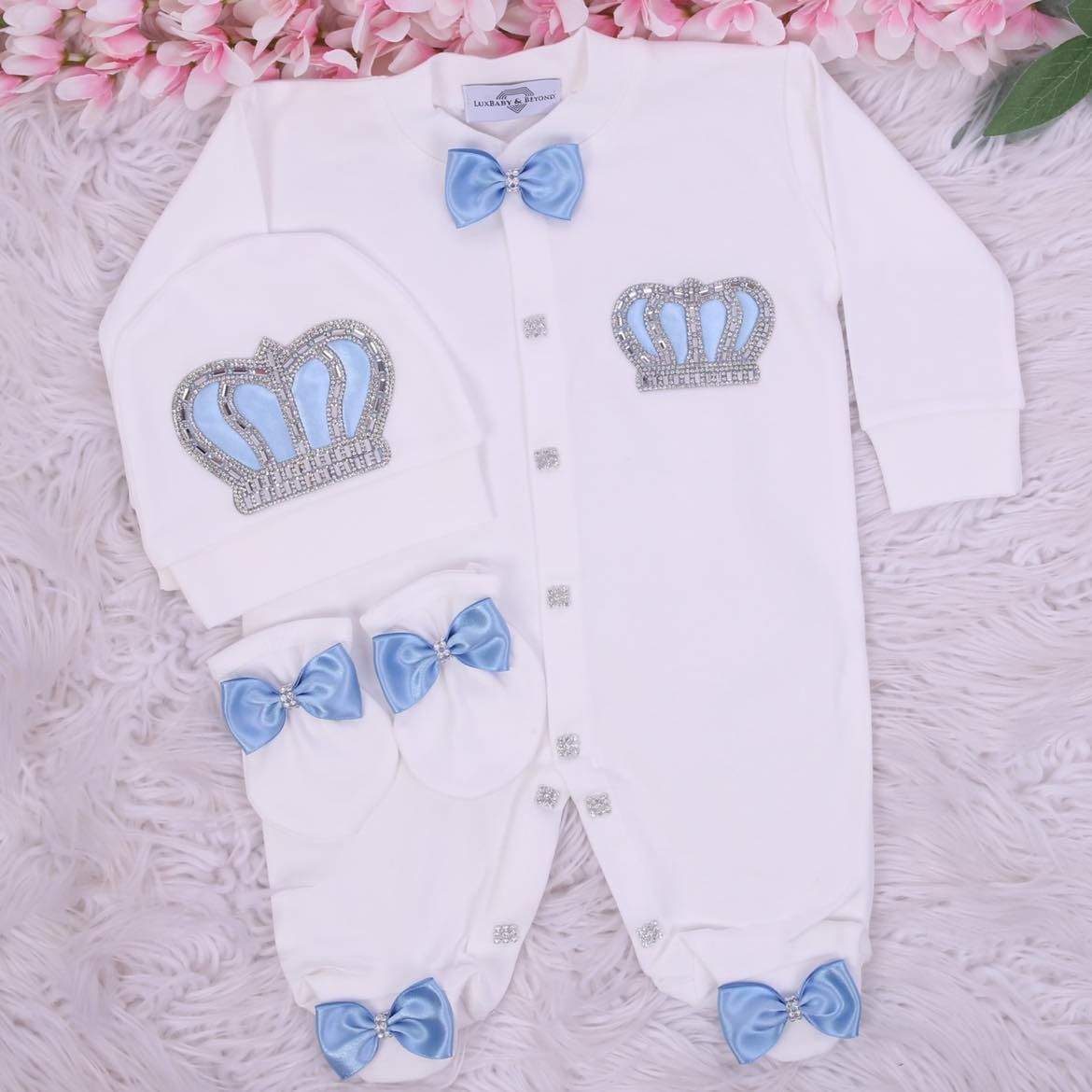 Exclusive Royal 3Piece Baby Hospital Exit Bling Outfit ( Light Blue bow, silver crown)