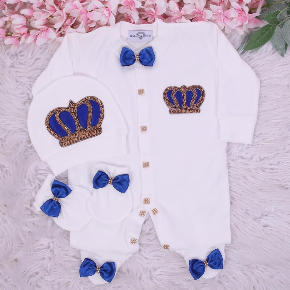 Exclusive Royal 3Piece Baby Hospital Exit Bling Outfit  (Royal Blue bow   golden crown)