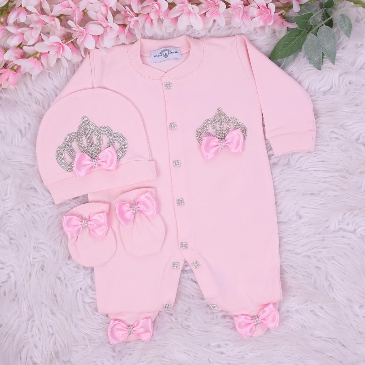 Exclusive Royal 3Piece Baby Hospital Exit Bling Outfit  ( Pink bow, silver crown)