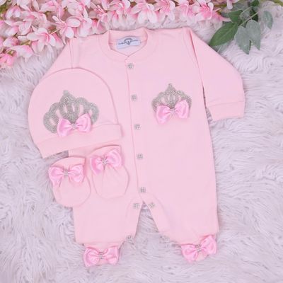 Exclusive Royal 3Piece Baby Hospital Exit Bling Outfit  ( Pink bow, silver crown)