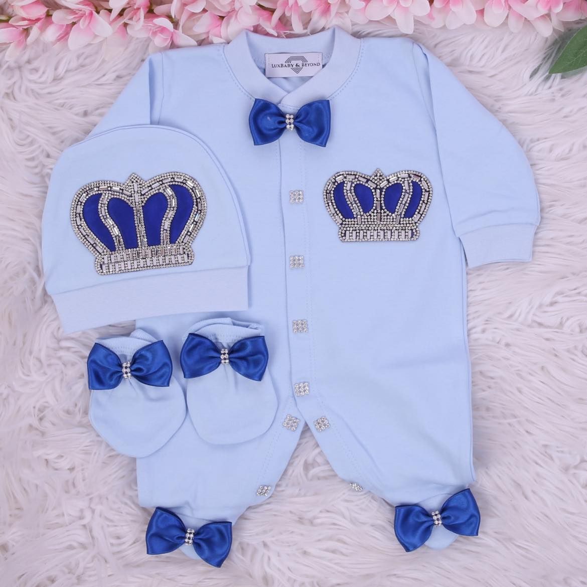 Exclusive Royal 3Piece Baby Hospital Exit Bling Outfit  ( Royal Blue bow, silver crown)
