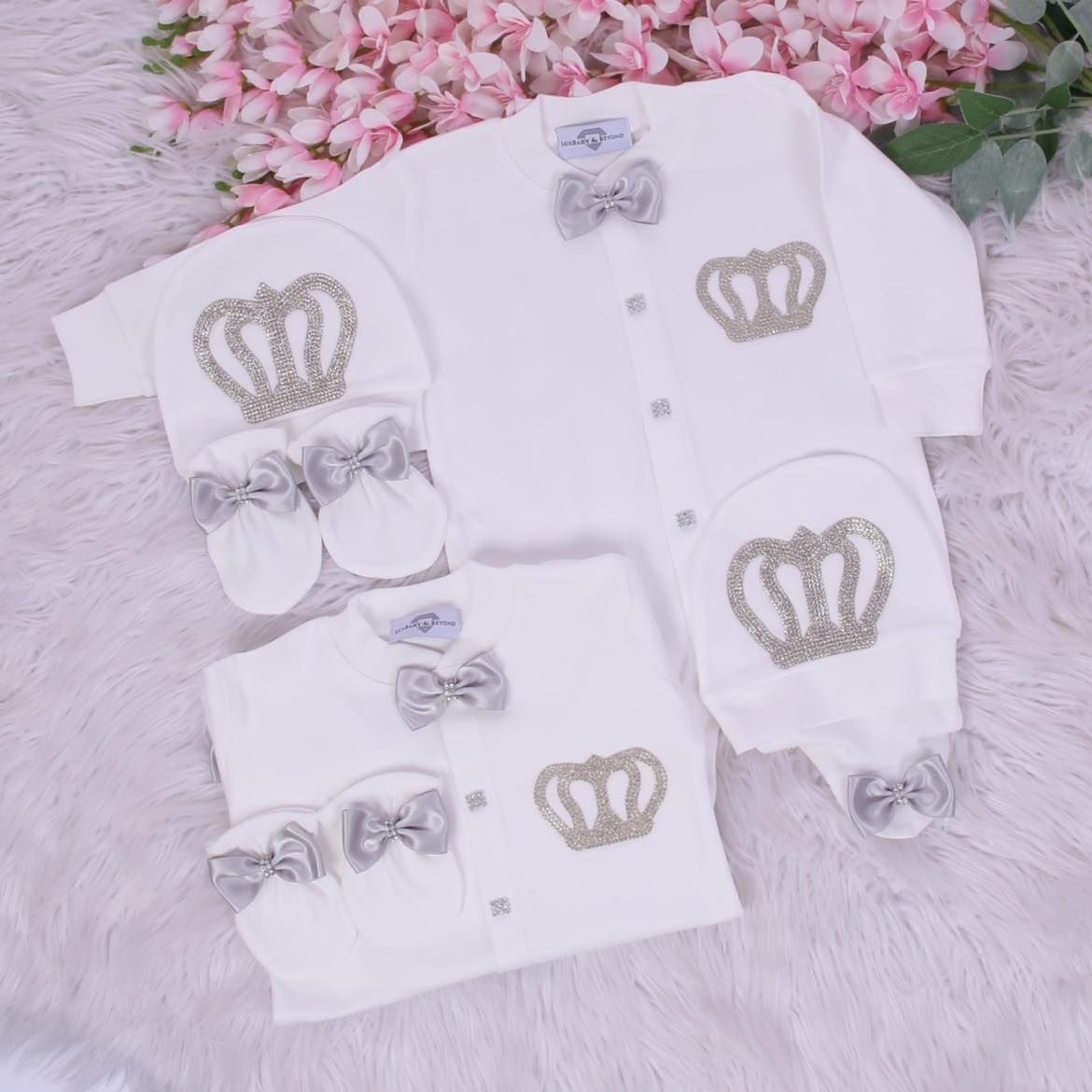 Exclusive Royal 3Piece Baby Hospital Exit Bling Outfit  (Silver Satin bow, silver crown)