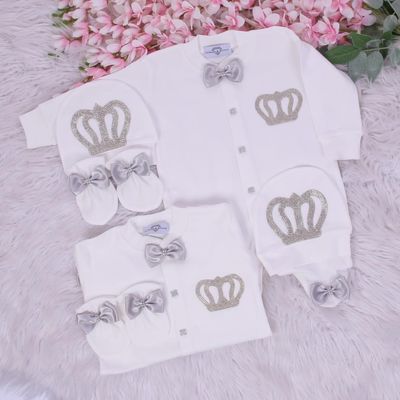 Exclusive Royal 3Piece Baby Hospital Exit Bling Outfit  (Silver Satin bow, silver crown)