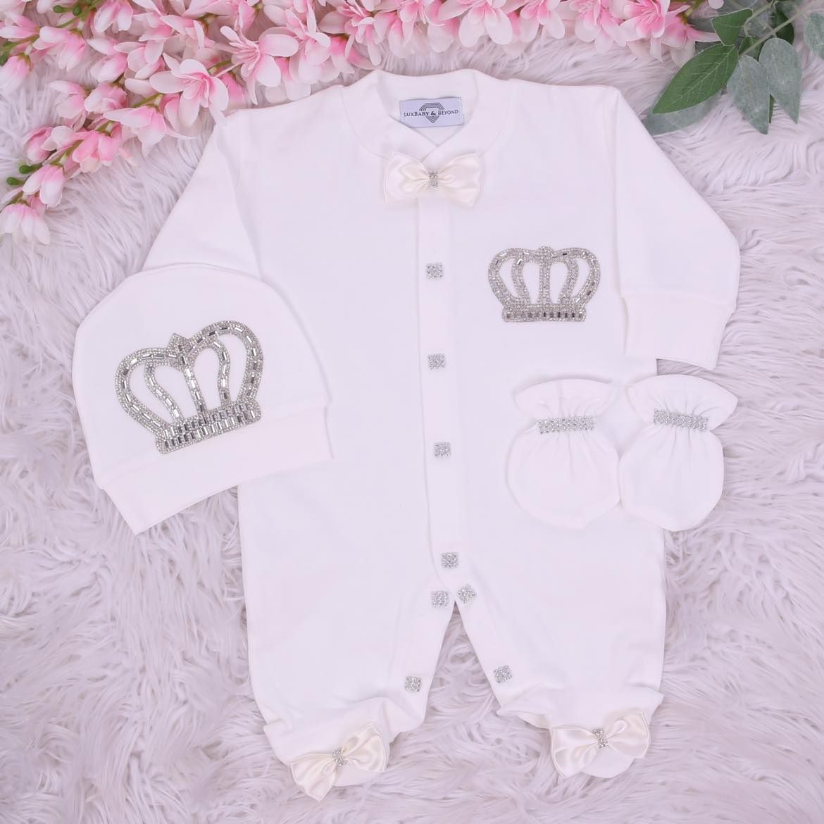 Exclusive Royal 3Piece Baby Hospital Exit Bling Outfit (White Satin bow, silver crown)