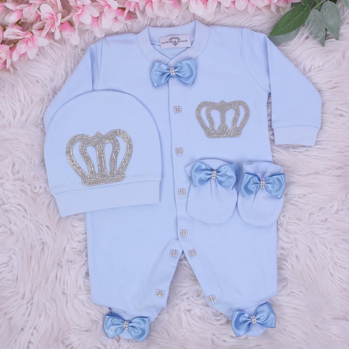 Exclusive Royal 3Piece Baby Hospital Exit Bling Outfit  (Light Blue Satin bow, Pearl crown)