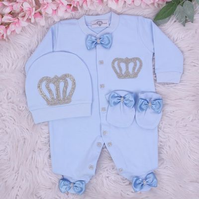 Exclusive Royal 3Piece Baby Hospital Exit Bling Outfit  (Light Blue Satin bow, Pearl crown)