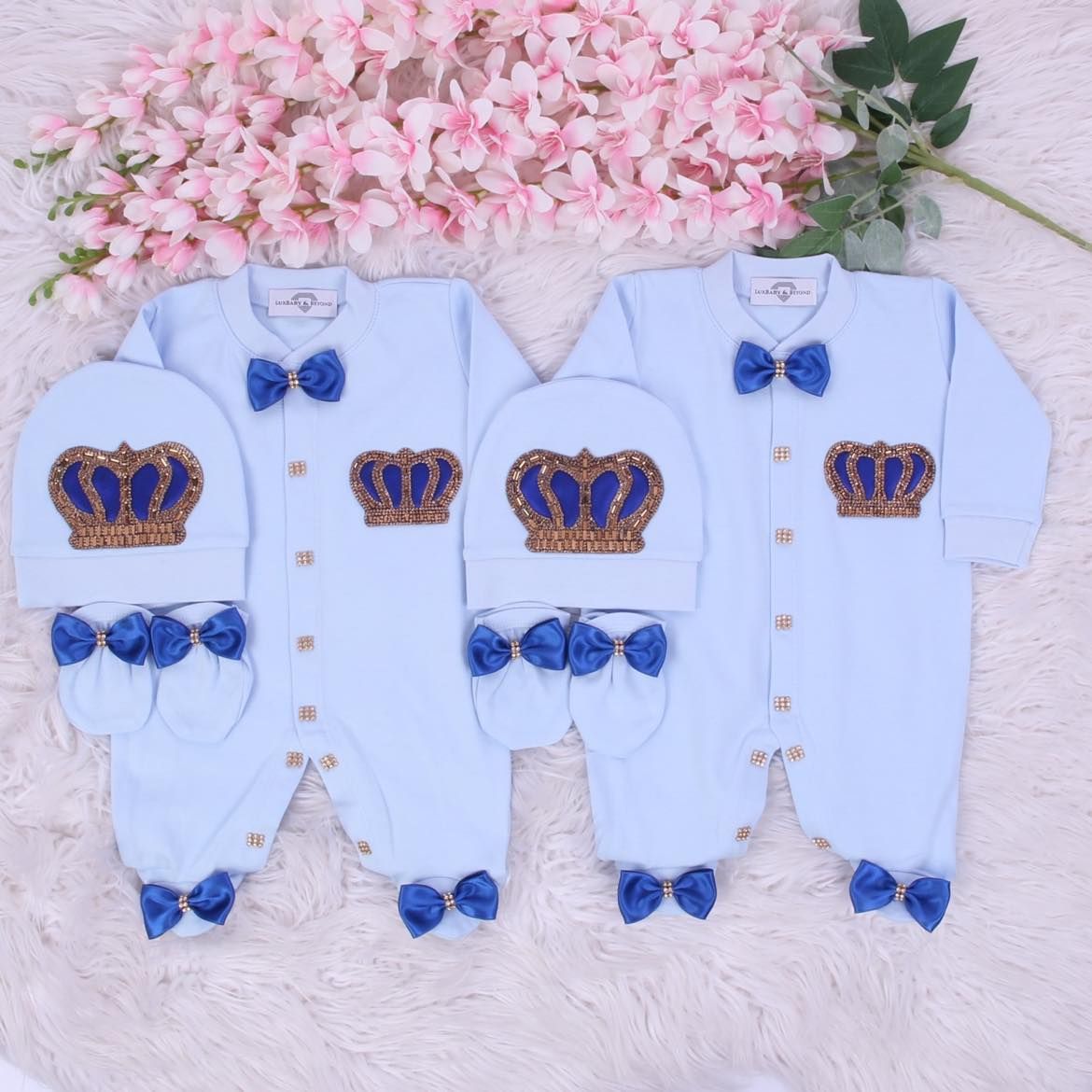 Exclusive Royal 3Piece Baby Hospital Exit Bling Outfit (Royal Blue bow golden crown)