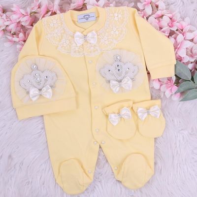Exclusive Royal 3Piece Baby Hospital Exit Bling Outfit  (White Satin bow, lace &amp; Pearl crown)