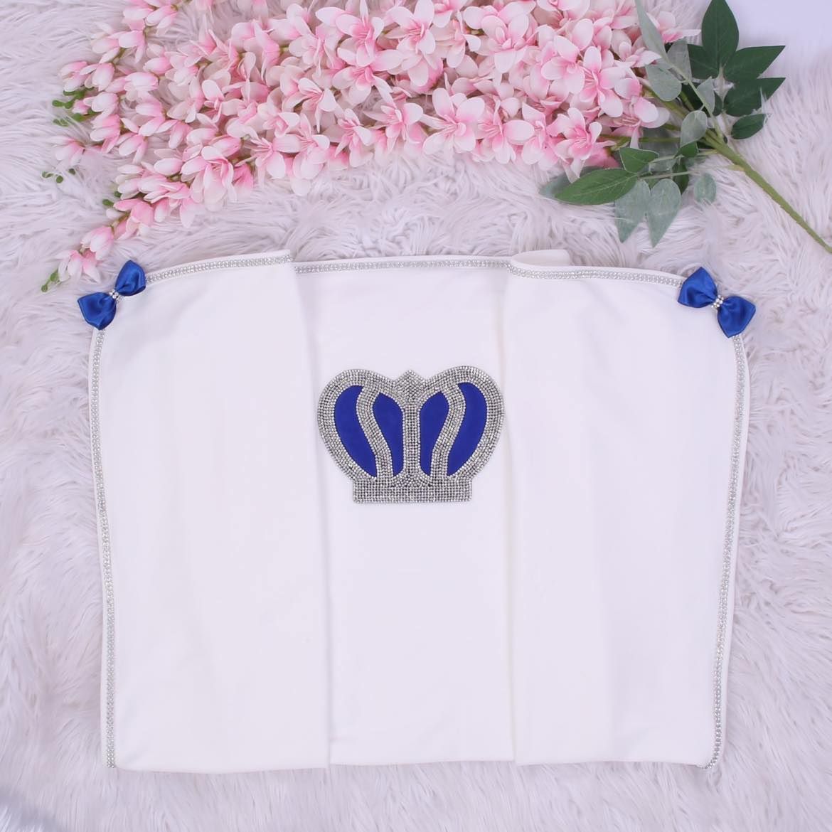 Handmade luxury Newborn Home Welcoming 4-Piece set ( Royal Blue bow , silver crown) with blanket