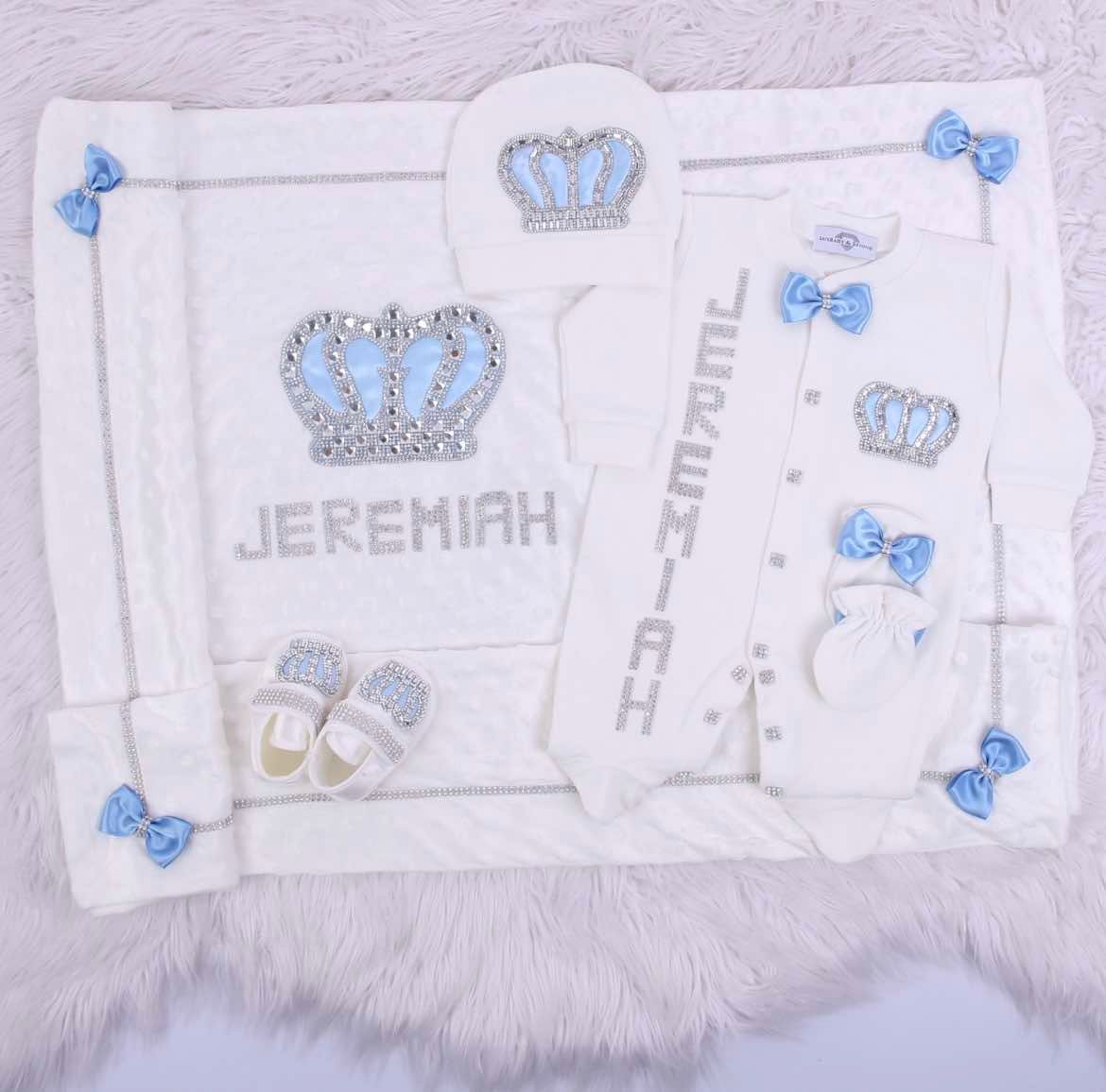 Handmade luxury Newborn Home Welcoming 5-Piece set ( Blue bow, silver crown) With Shoes and Velvet soft Blanket