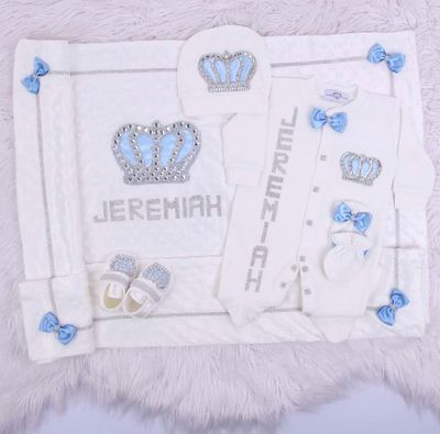 Handmade luxury Newborn Home Welcoming 5-Piece set ( Blue bow, silver crown) With Shoes and Velvet soft Blanket