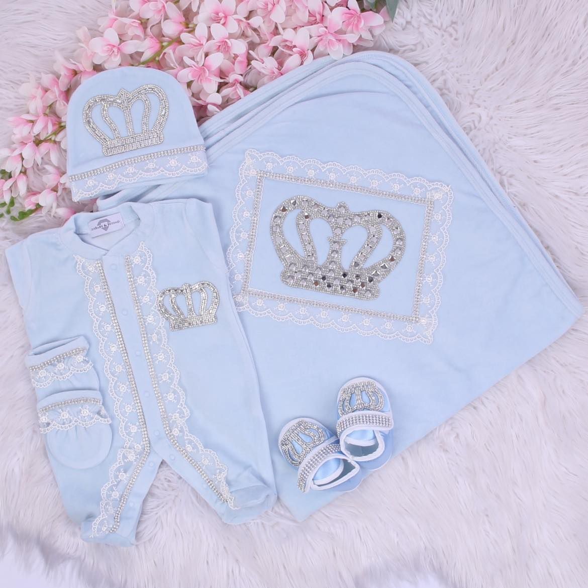 Handmade luxury Newborn Home Welcoming 5-Piece set ( Blue bow, Silver crown) With Shoes and Blanket
