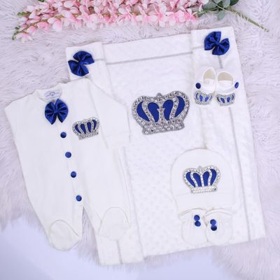 Handmade luxury Newborn Home Welcoming 5-Piece set ( Royal Blue Velvet bow, Silver crown) With Shoes and Velvet Blanket