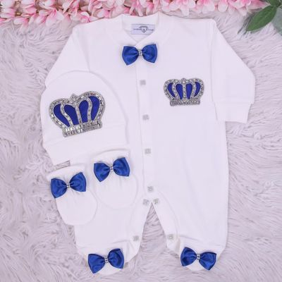 Handmade luxury Newborn Home Welcoming 4-Piece set ( Royal Blue bow, silver crown) With Velvet Blanket