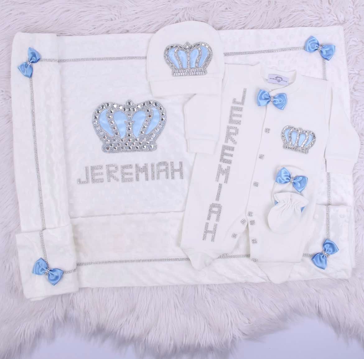 Handmade luxury Newborn Home Welcoming 4-Piece set ( Blue bow, silver crown) With Velvet soft Blanket