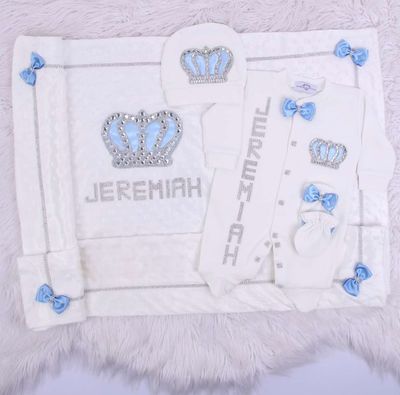 Handmade luxury Newborn Home Welcoming 4-Piece set ( Blue bow, silver crown) With Velvet soft Blanket