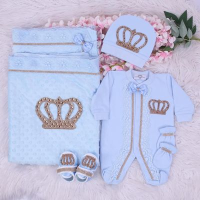 Handmade luxury Newborn Home Welcoming 5-Piece set ( Blue bow, Golden crown) With Shoes and Velvet soft Blanket Handmade luxury Newborn Home Welcoming 5-Piece set ( Blue bow, Golden crown) With Shoes and Velvet soft Blanket