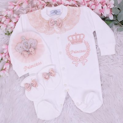 Exclusive Royal 3Piece Baby Hospital Exit Bling Outfit  (Blush bow)PRINCESS EMBROIDERY