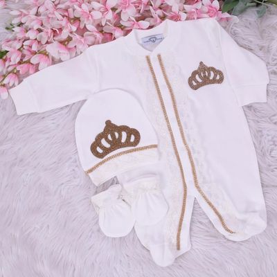 Exclusive Royal 3Piece Baby Hospital Exit Bling Outfit  (White bow   golden crown)