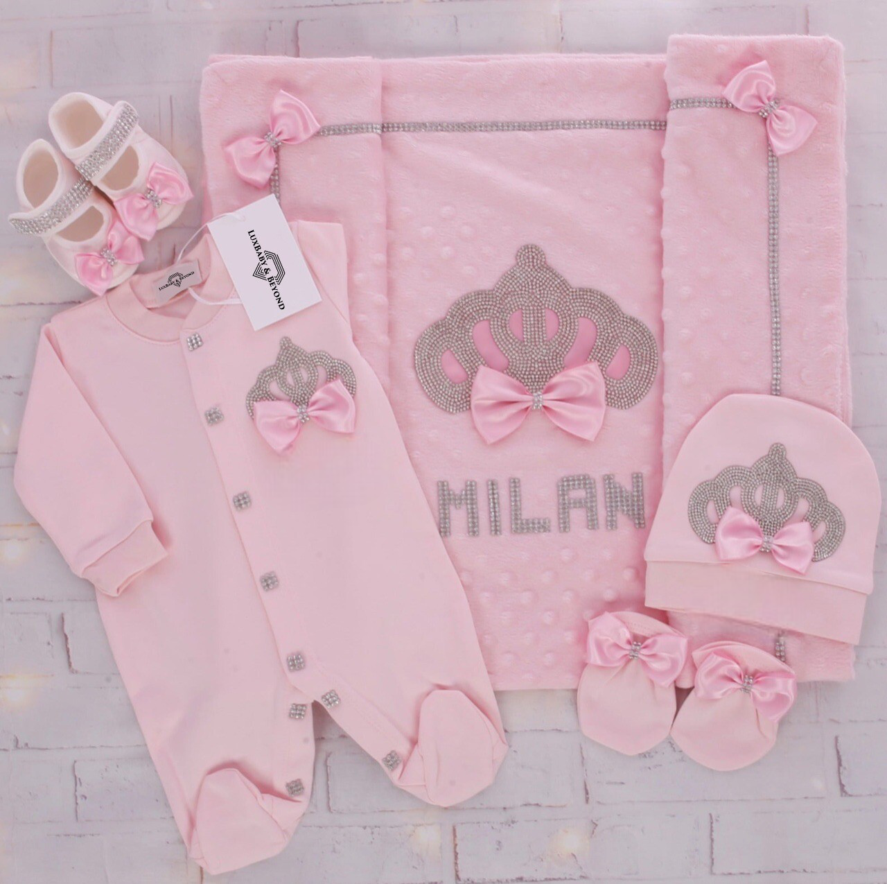 Handmade luxury Newborn Home Welcoming 5-Piece set ( pink bow, Silver crown) With Shoes and Velvet Blanket