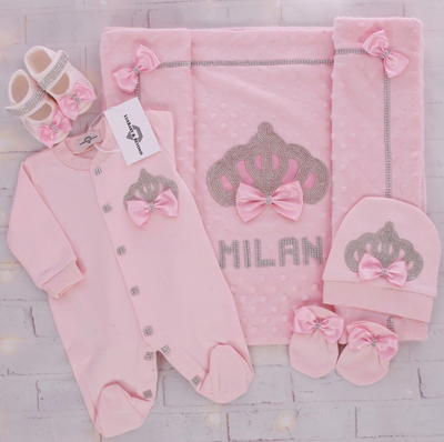 Handmade luxury Newborn Home Welcoming 5-Piece set ( pink bow, Silver crown) With Shoes and Velvet Blanket