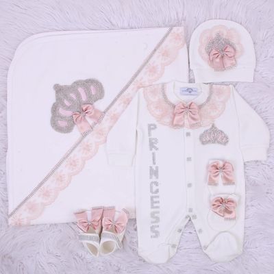 Handmade luxury Newborn Home Welcoming 5-Piece set ( Blush bow, Silver crown) With Shoes and Blanket