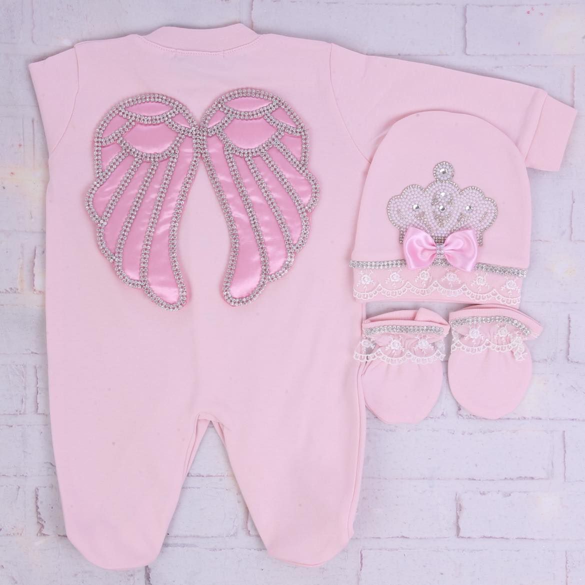 Handmade luxury Newborn Angel Wings Home Welcoming 5-Piece set ( Pink bow, Pearl crown) With Shoes and Blanket