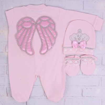 Handmade luxury Newborn Angel Wings Home Welcoming 5-Piece set ( Pink bow, Pearl crown) With Shoes and Blanket
