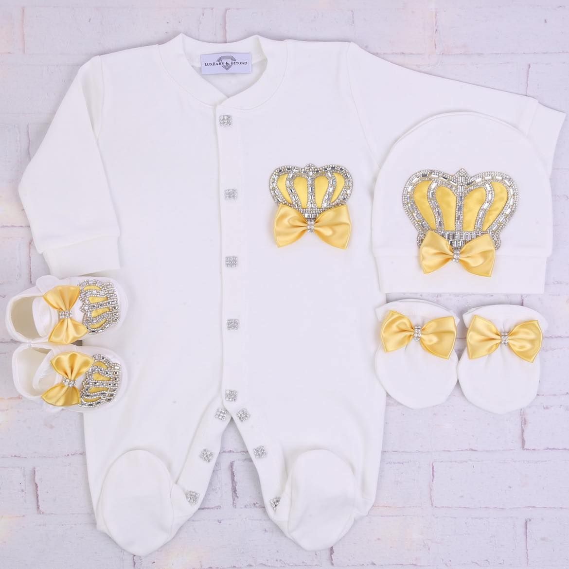 Exclusive Royal 4 Piece Baby Hospital Exit Bling Outfit  (Yellow Bow , Silver crown)