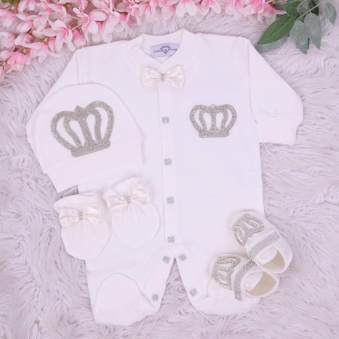 Exclusive Royal 4 Piece Baby Hospital Exit Bling Outfit  (White Bow , Silver crown)