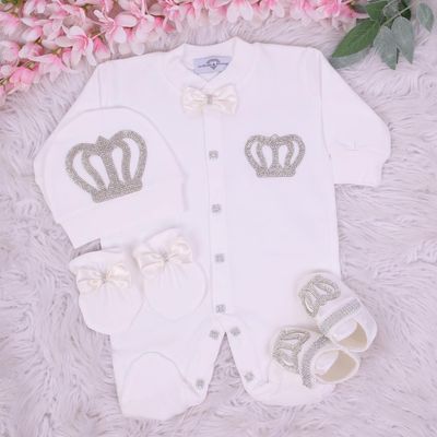 Exclusive Royal 4 Piece Baby Hospital Exit Bling Outfit  (White Bow , Silver crown)