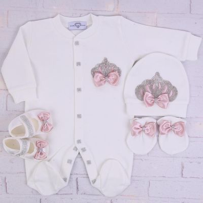 Exclusive Royal 4 Piece Baby Hospital Exit Bling Outfit  (Blush Bow , Silver crown)