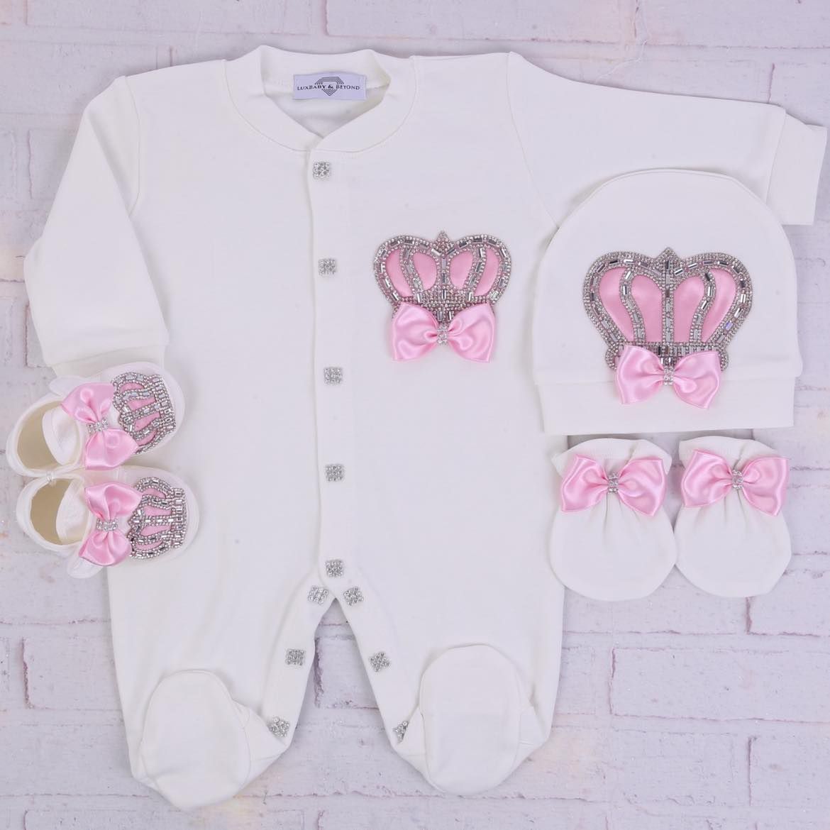 Exclusive Royal 4 Piece Baby Hospital Exit Bling Outfit  (Pink Bow , Silver crown)